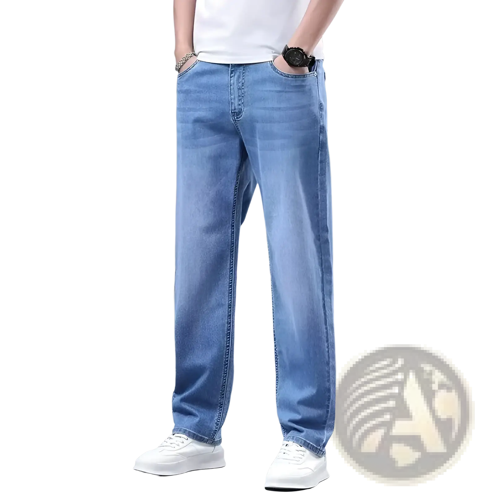 Men Fleece Lined Winter Jeans Loose Straight Denim Pants