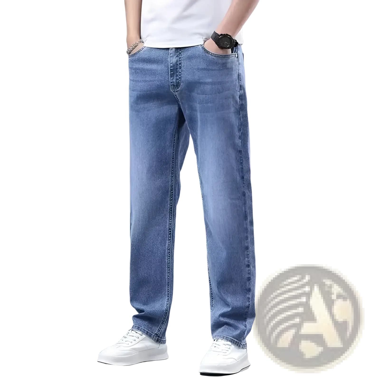 Men Fleece Lined Winter Jeans Loose Straight Denim Pants
