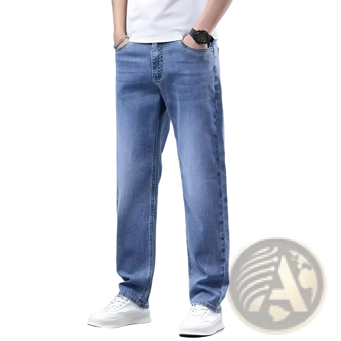Men Fleece Lined Winter Jeans Loose Straight Denim Pants