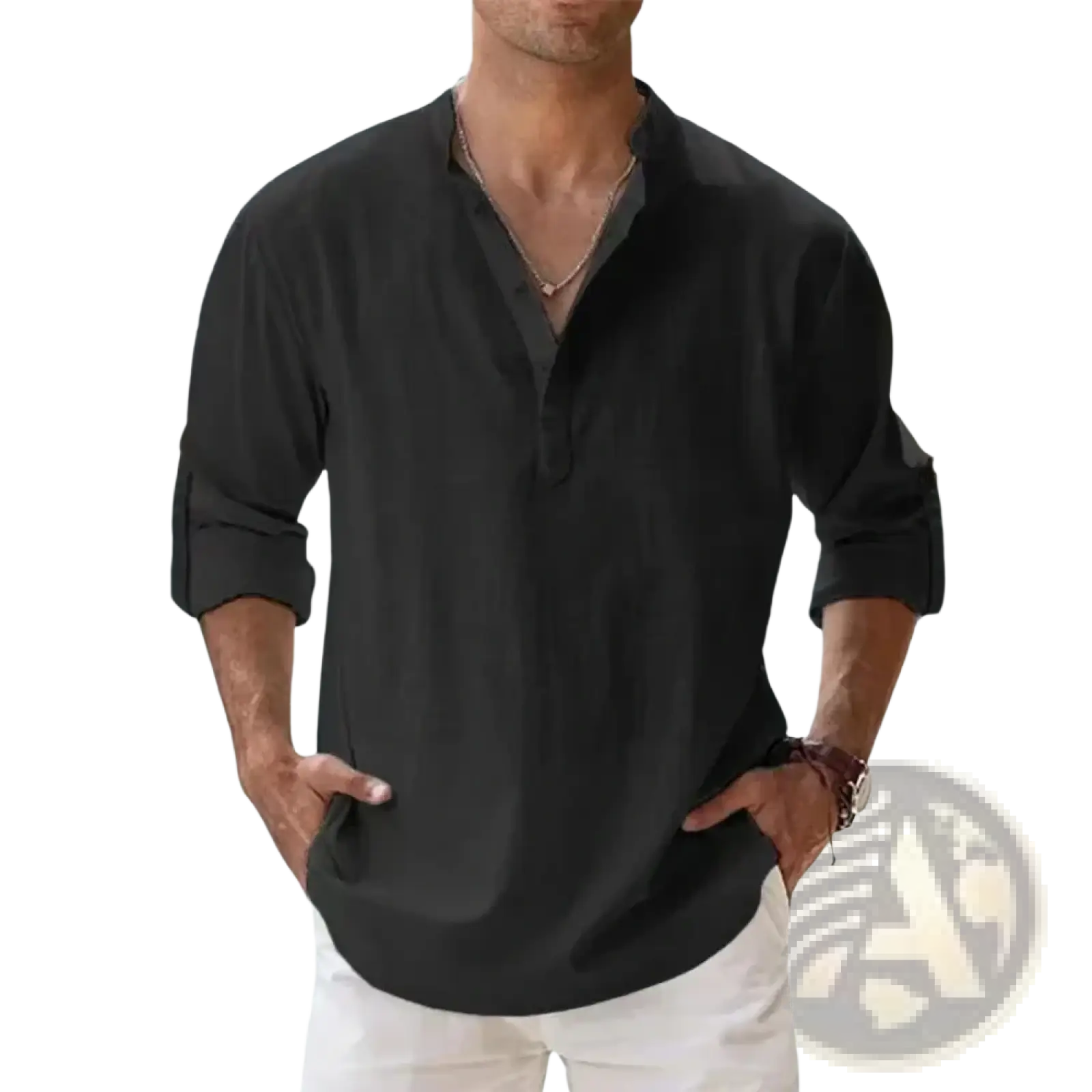 Men Linen Henley Shirt Long Sleeve Casual Summer Beach