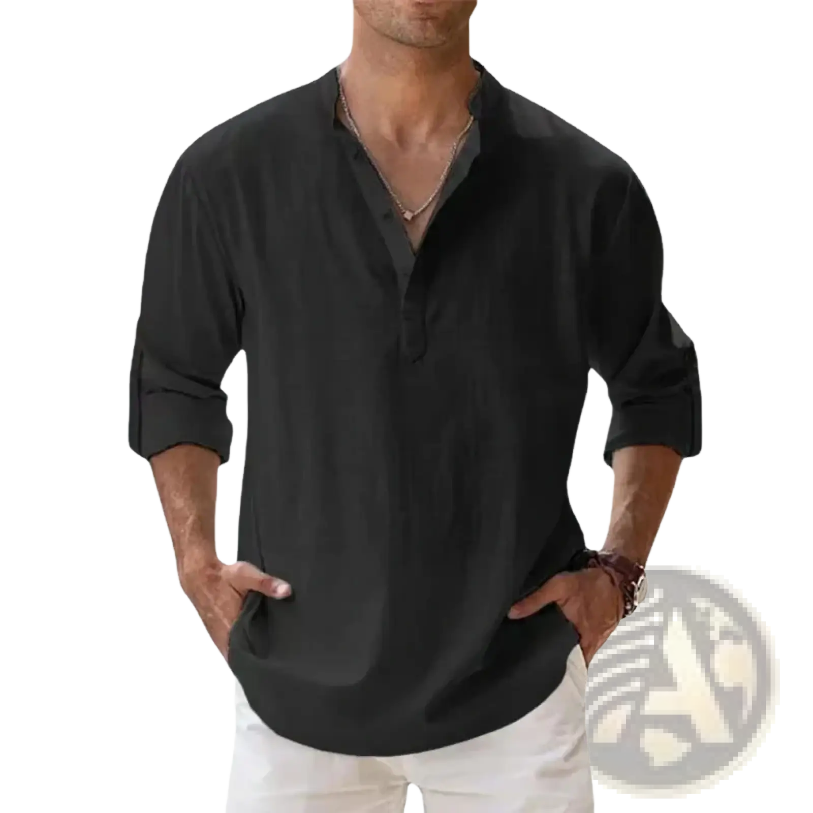 Men Linen Henley Shirt Long Sleeve Casual Summer Beach
