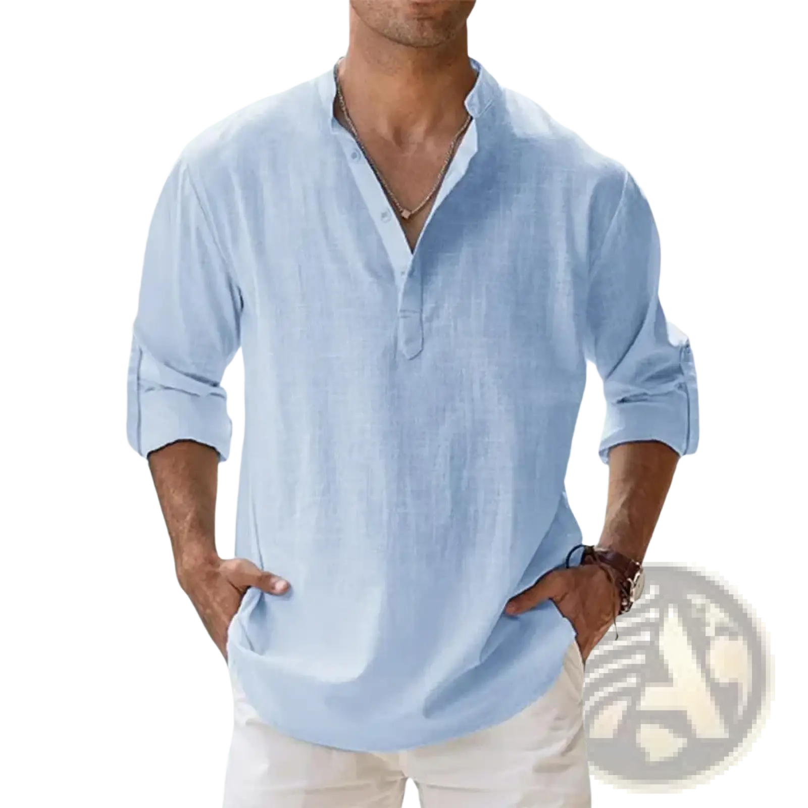 Men Linen Henley Shirt Long Sleeve Casual Summer Beach