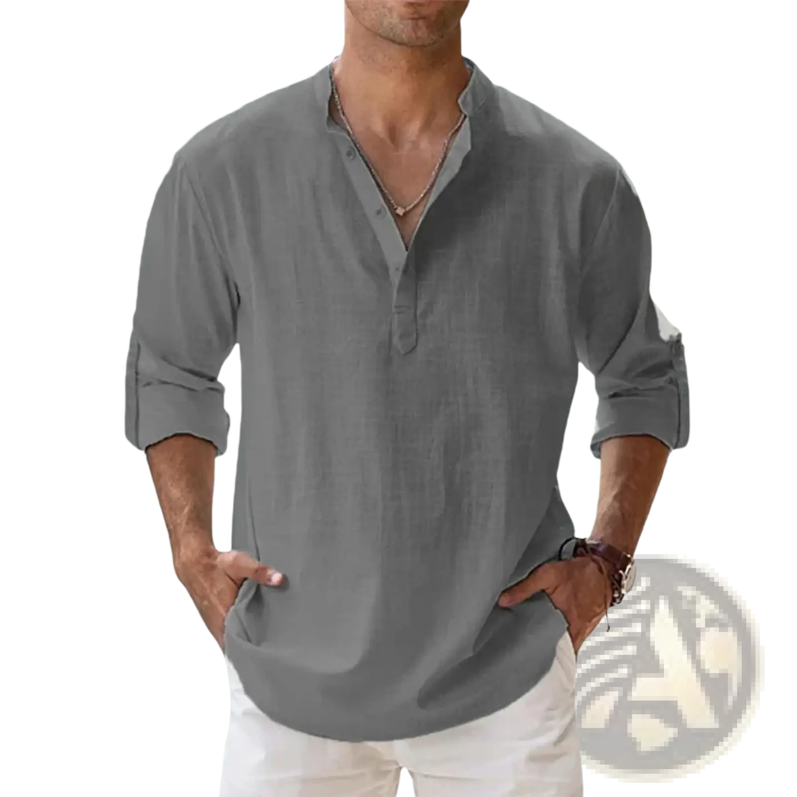 Men Linen Henley Shirt Long Sleeve Casual Summer Beach