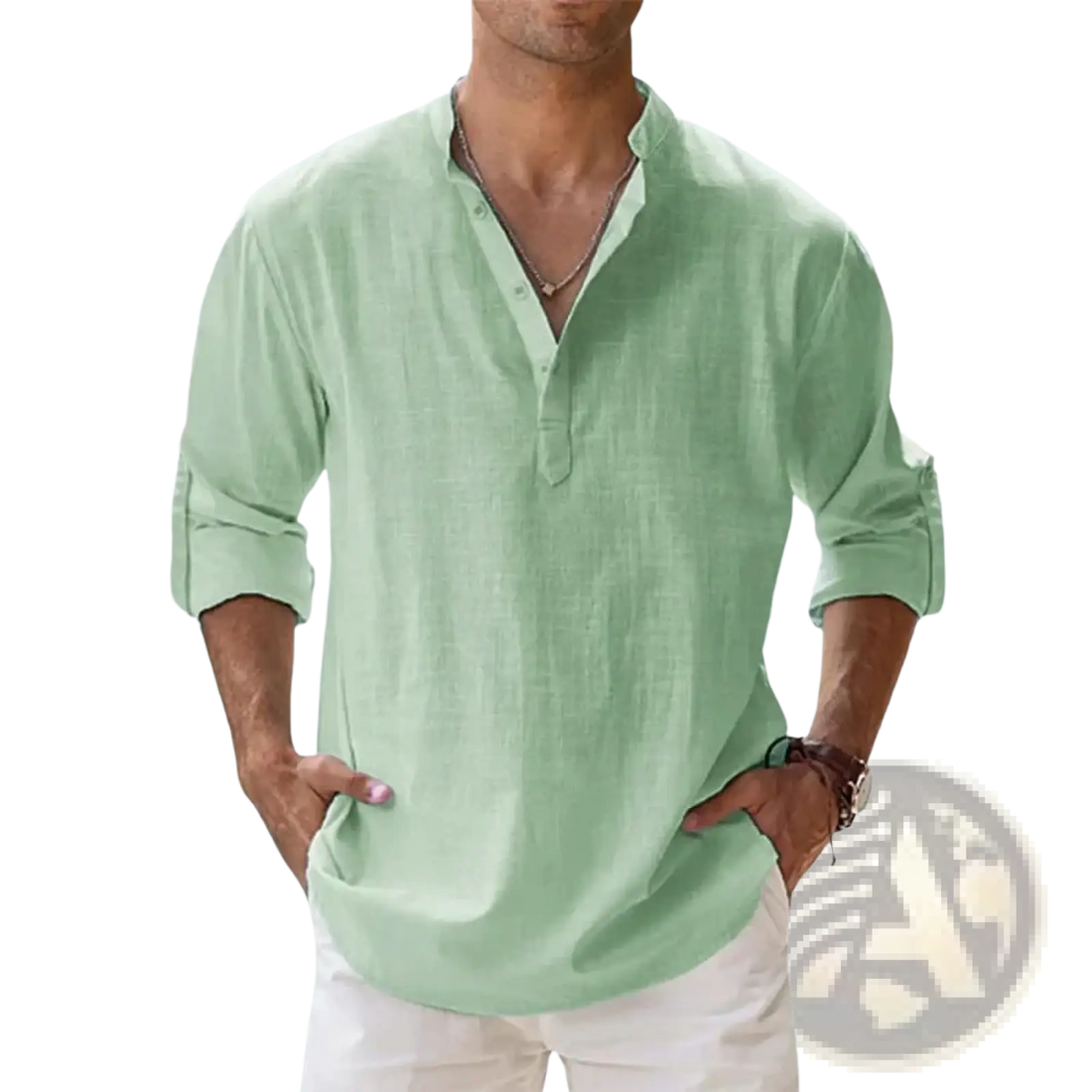 Men Linen Henley Shirt Long Sleeve Casual Summer Beach