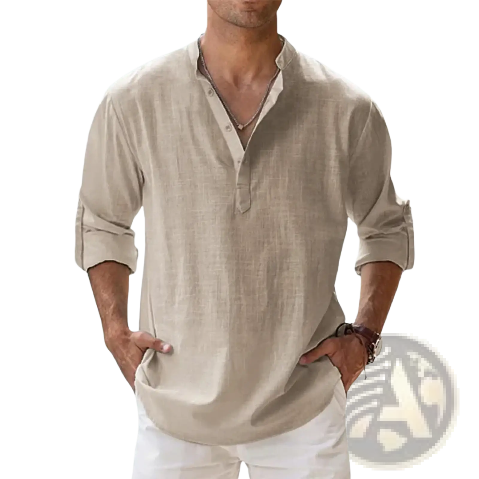 Men Linen Henley Shirt Long Sleeve Casual Summer Beach