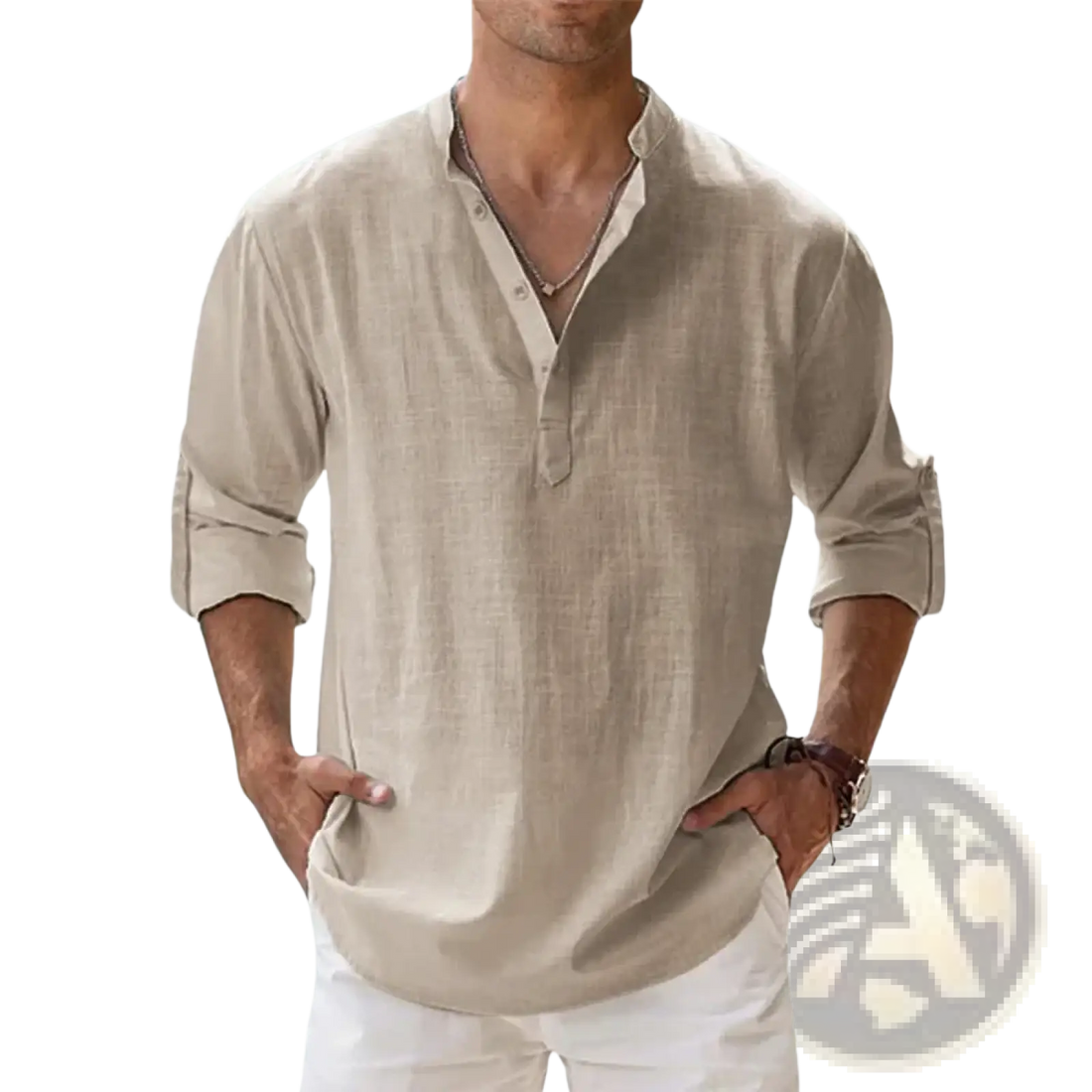 Men Linen Henley Shirt Long Sleeve Casual Summer Beach
