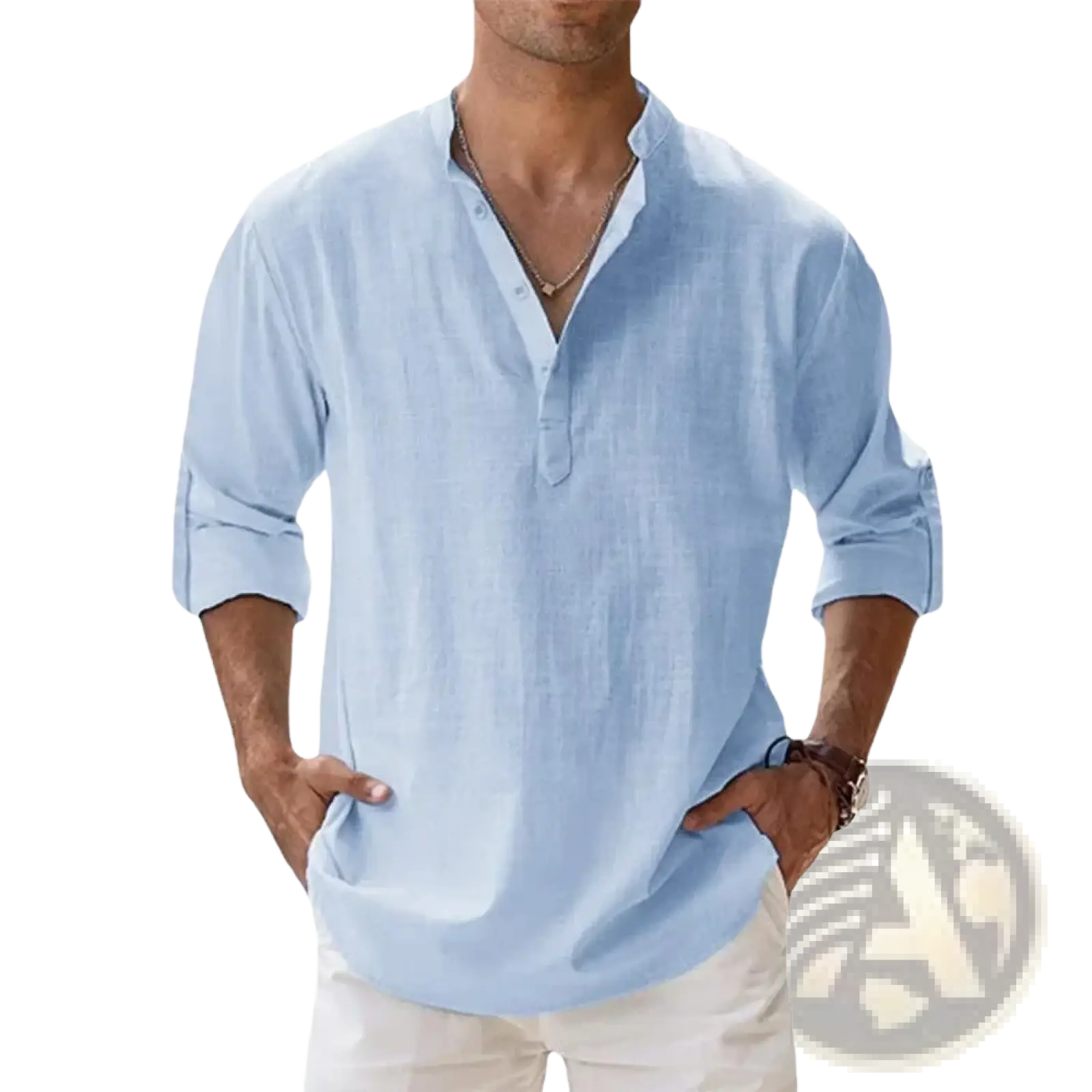 Men Linen Henley Shirt Long Sleeve Casual Summer Beach