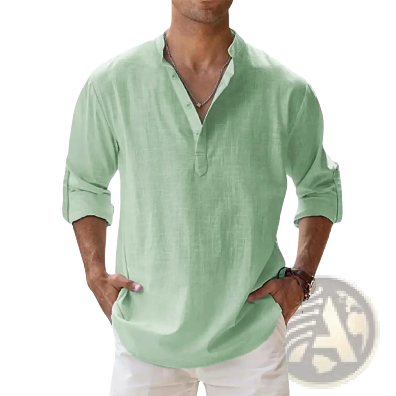 Men Linen Henley Shirt Long Sleeve Casual Summer Beach