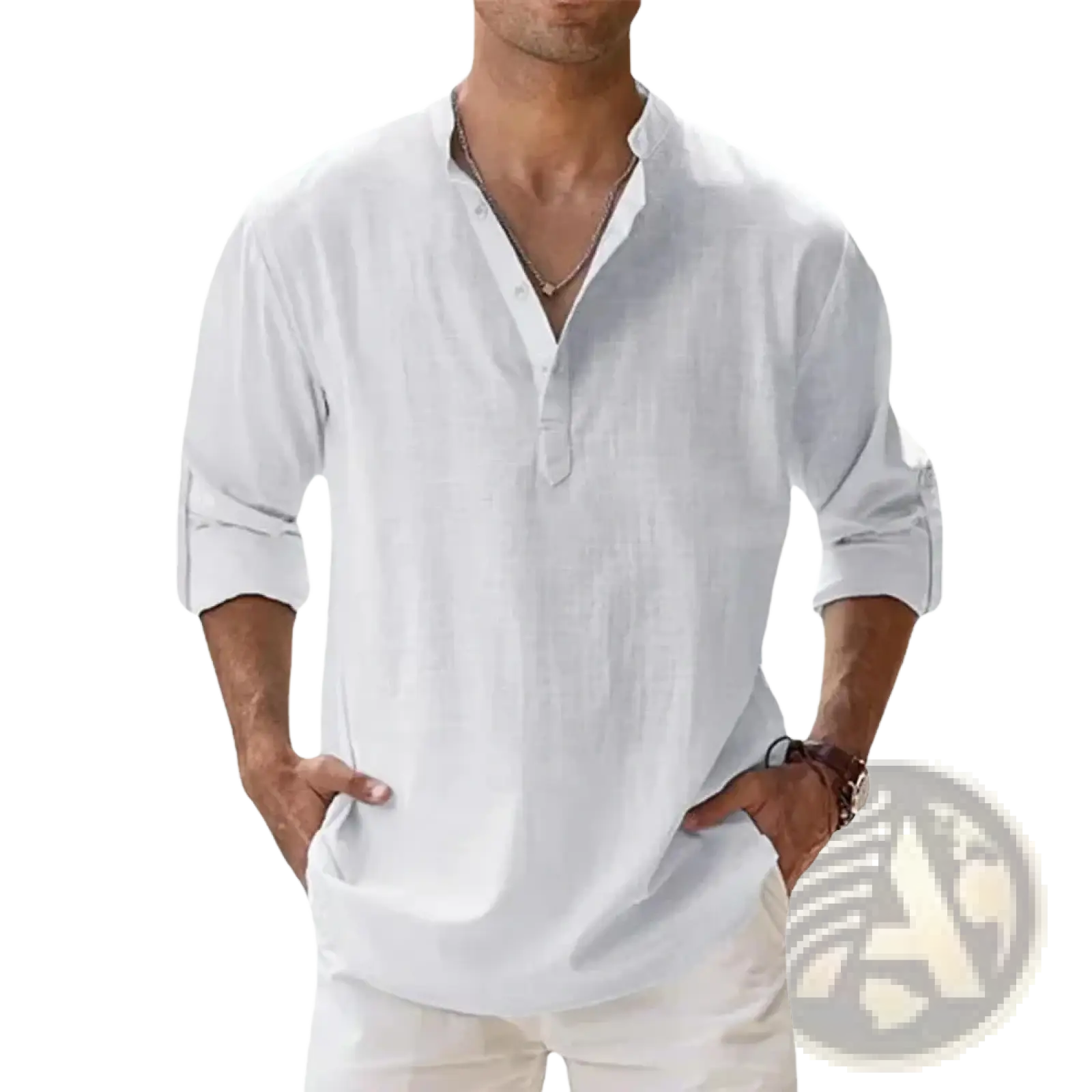 Men Linen Henley Shirt Long Sleeve Casual Summer Beach