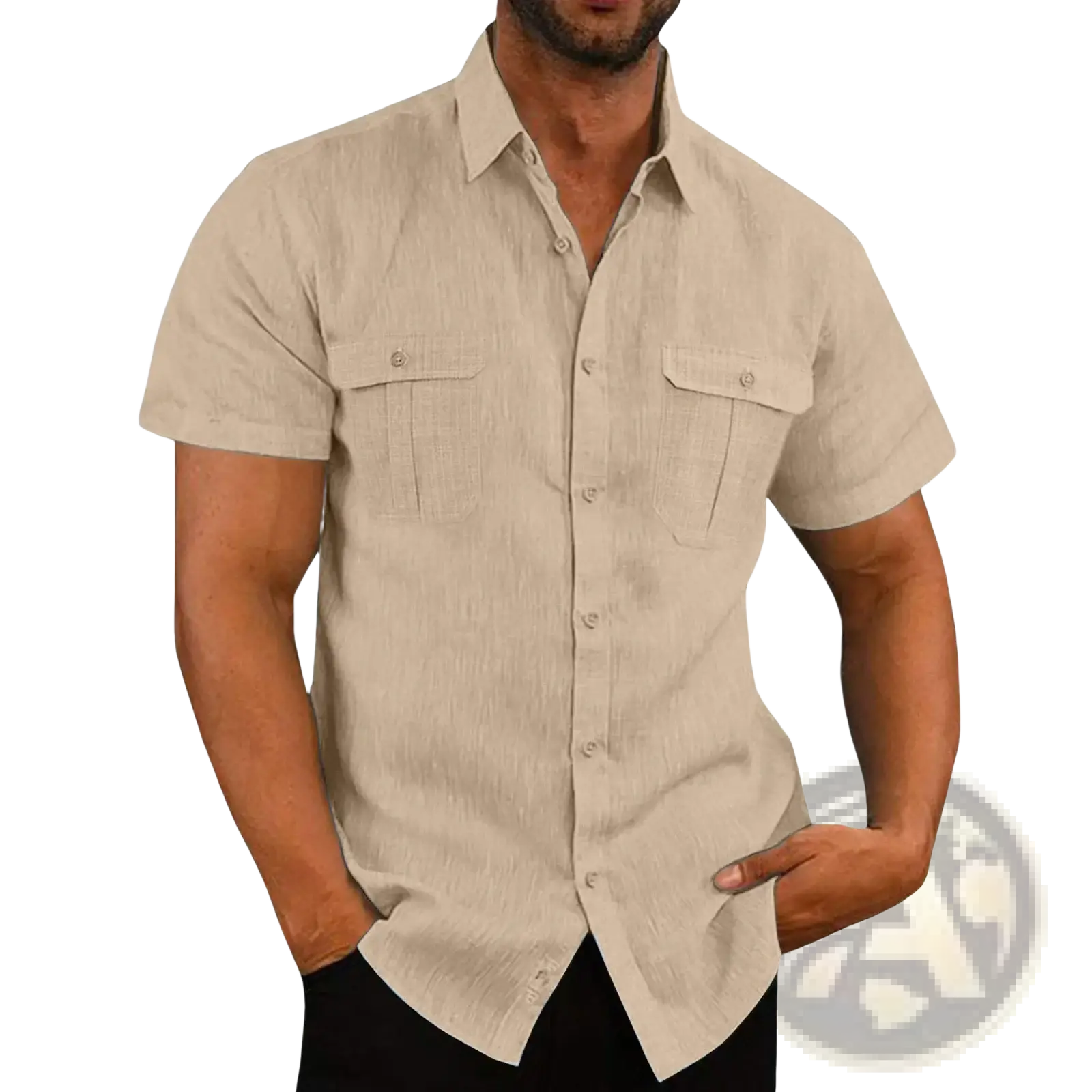 Men Linen Short Sleeve Shirt Double Pocket Casual Summer