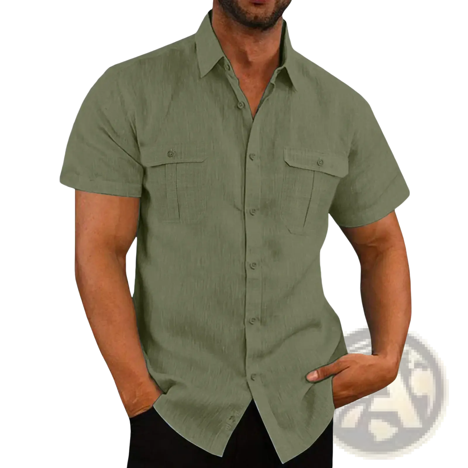 Men Linen Short Sleeve Shirt Double Pocket Casual Summer