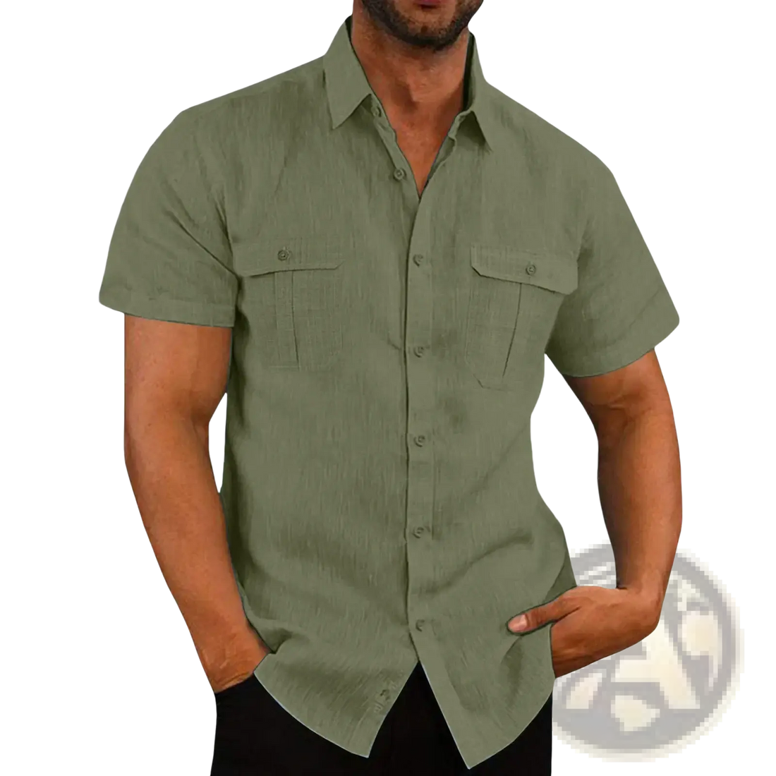 Men Linen Short Sleeve Shirt Double Pocket Casual Summer