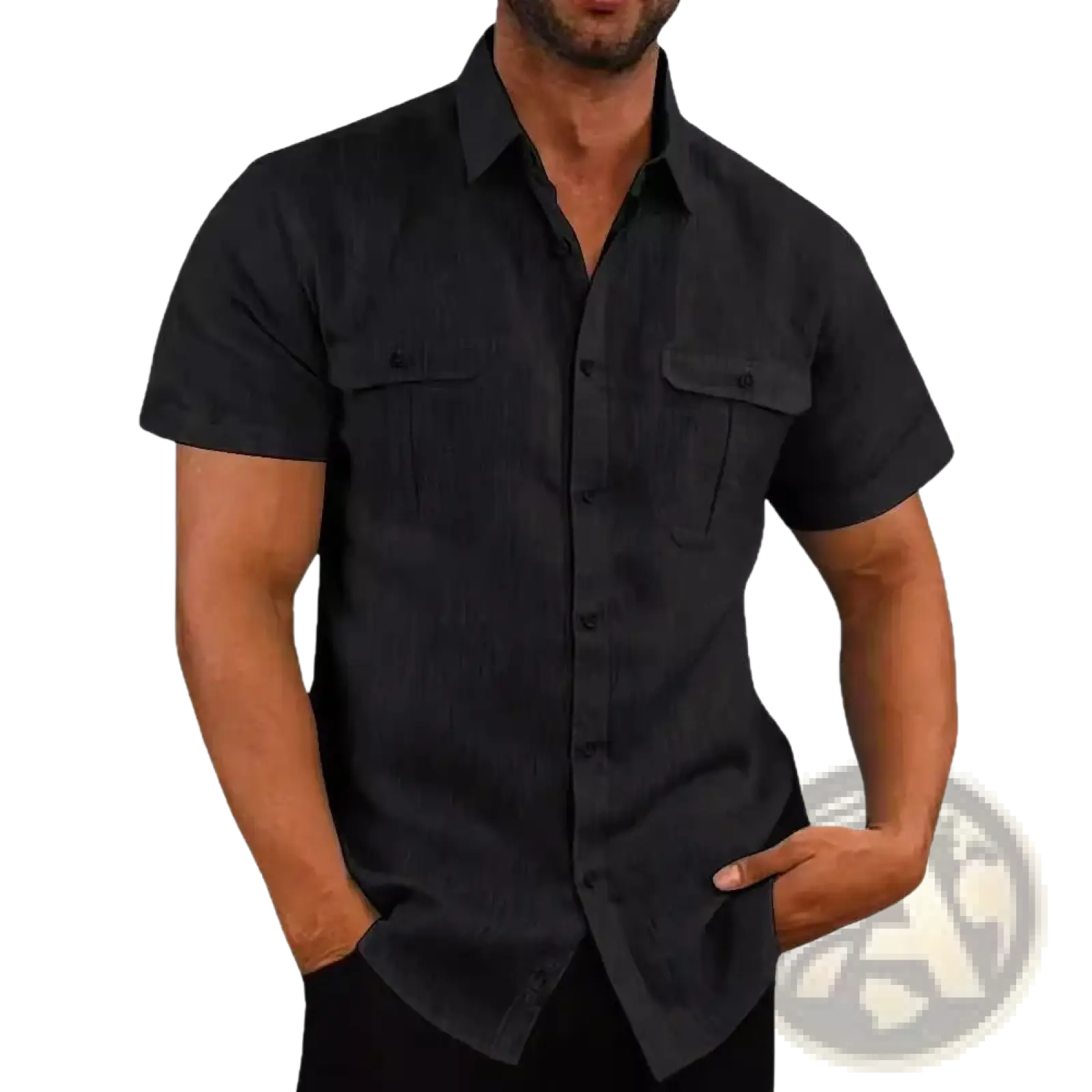 Men Linen Short Sleeve Shirt Double Pocket Casual Summer