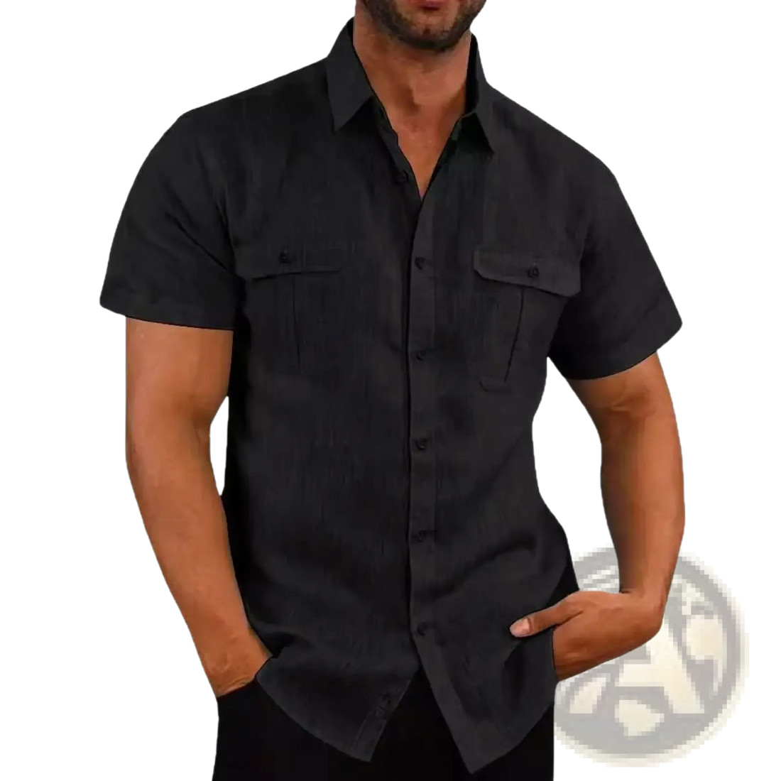 Men Linen Short Sleeve Shirt Double Pocket Casual Summer