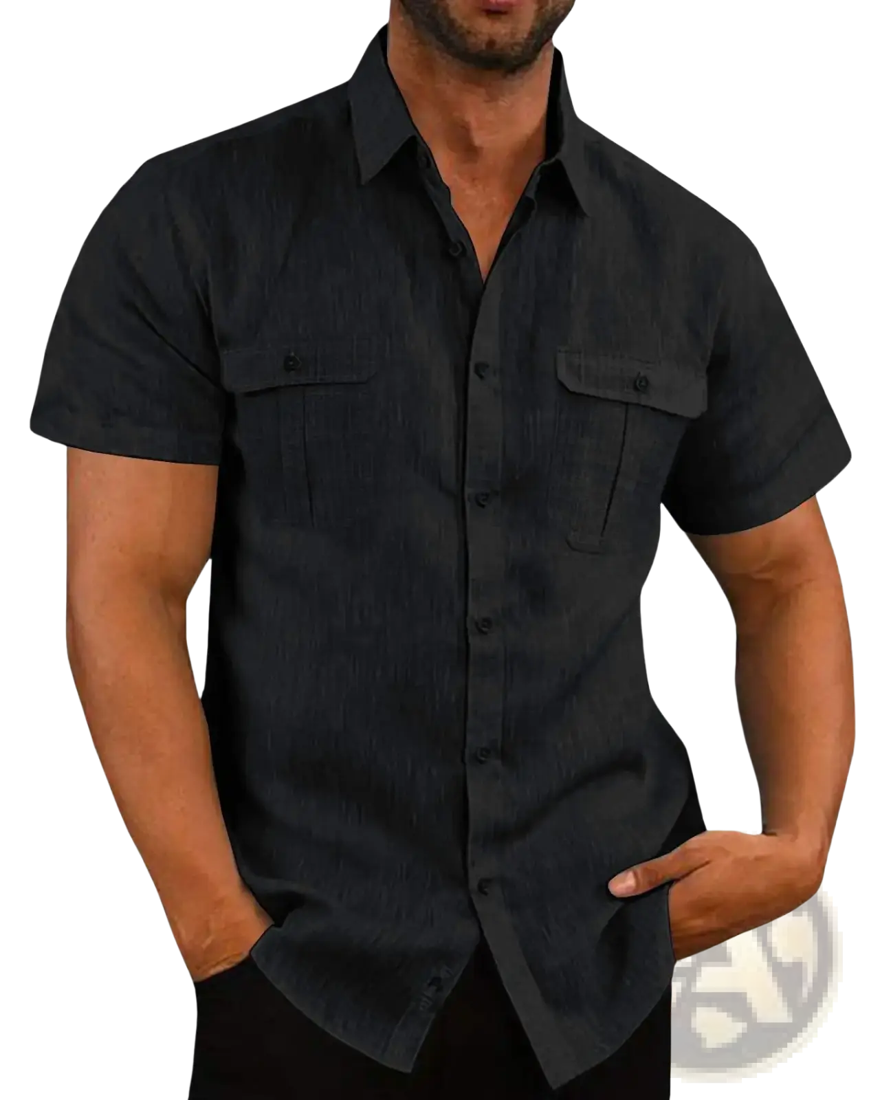 Men Linen Short Sleeve Shirt Double Pocket Casual Summer