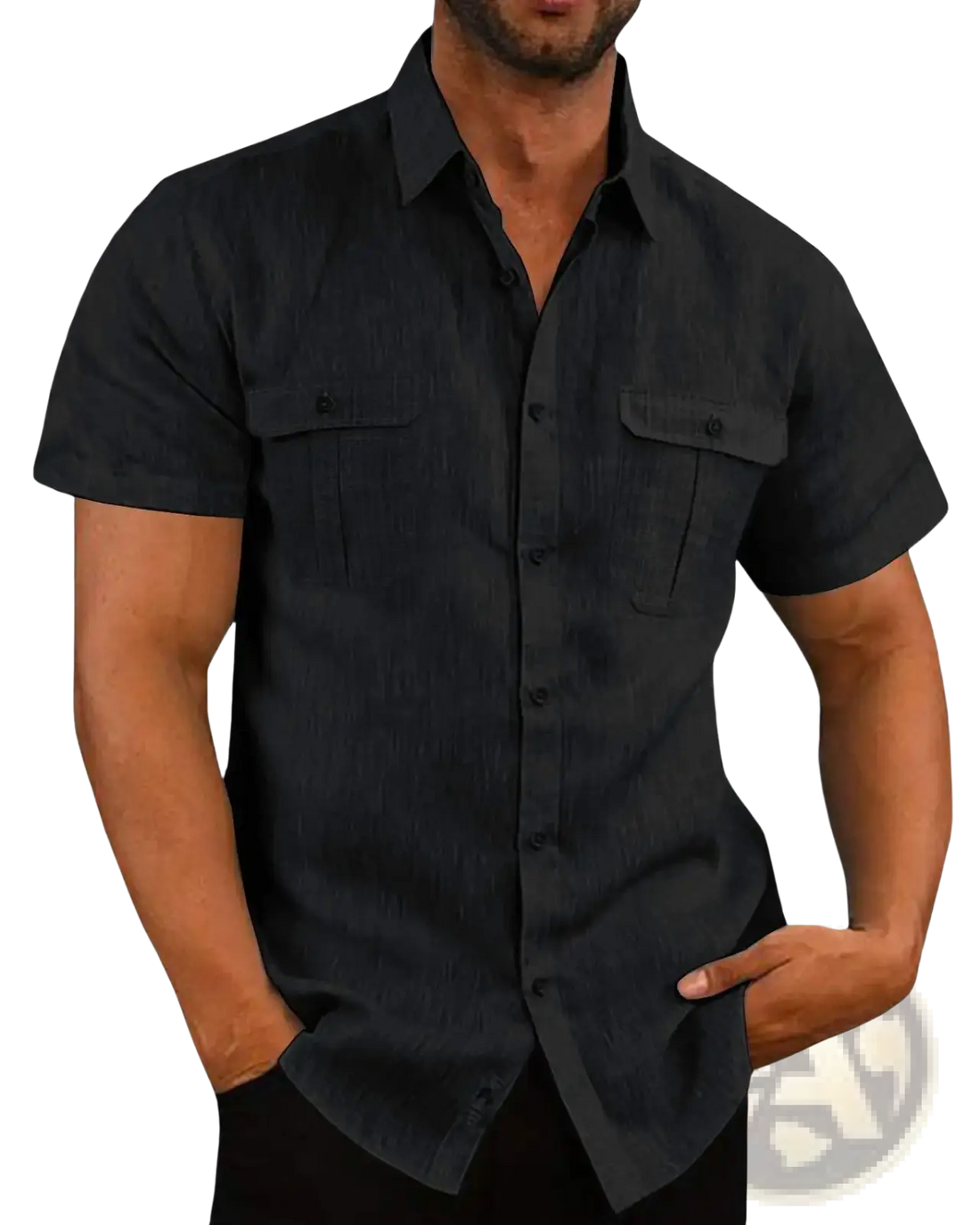 Men Linen Short Sleeve Shirt Double Pocket Casual Summer