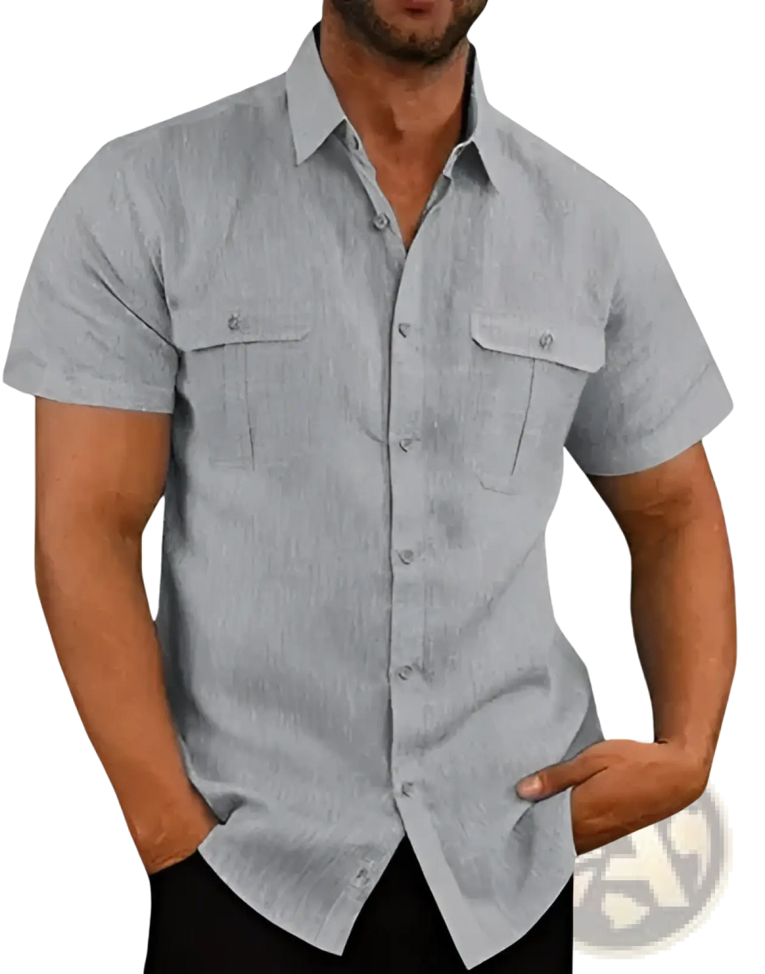 Men Linen Short Sleeve Shirt Double Pocket Casual Summer