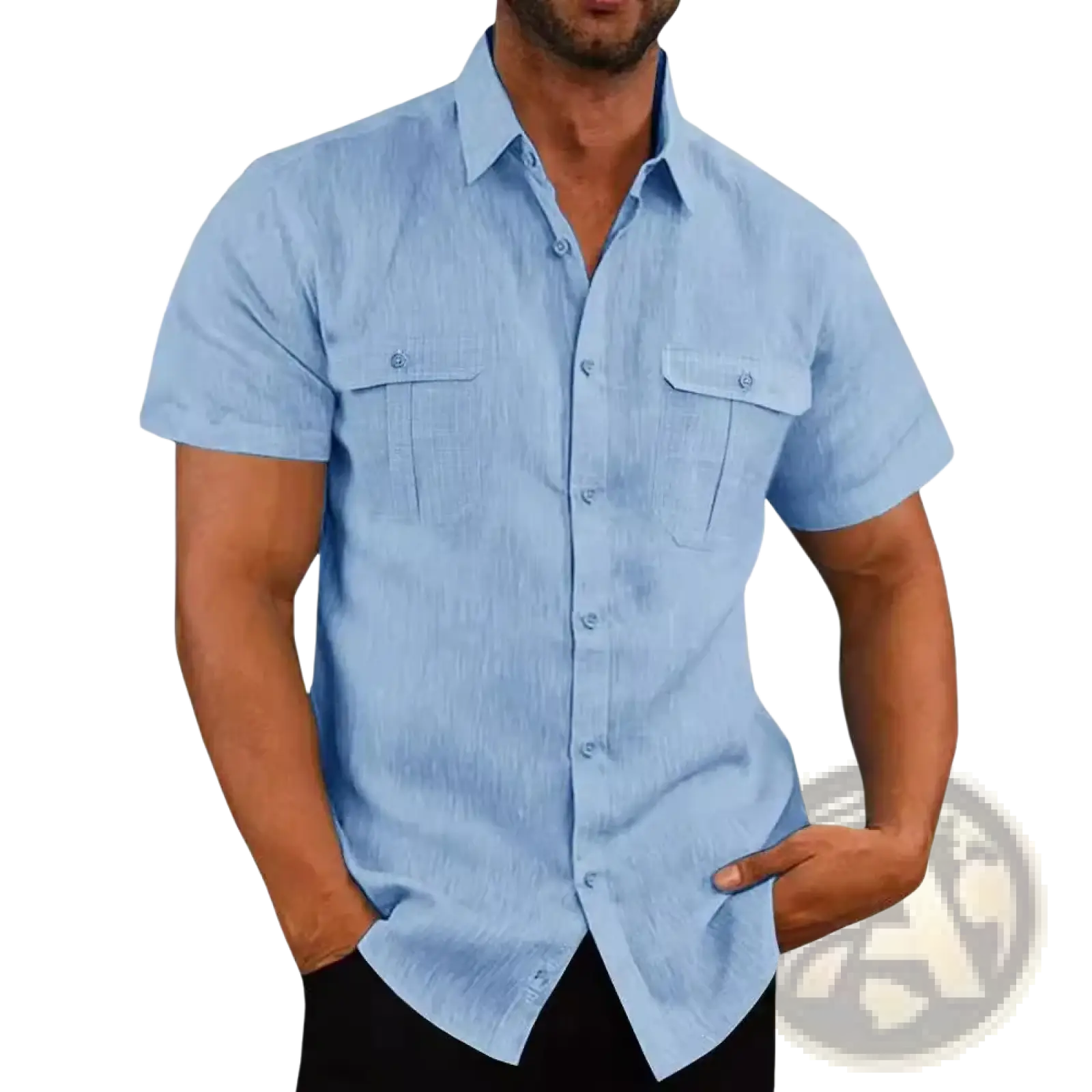 Men Linen Short Sleeve Shirt Double Pocket Casual Summer