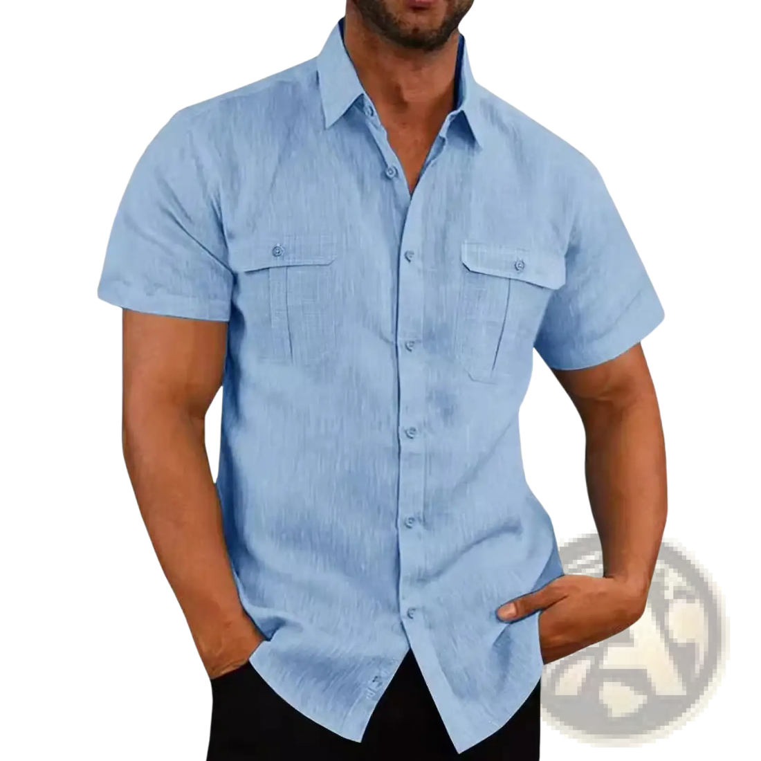 Men Linen Short Sleeve Shirt Double Pocket Casual Summer