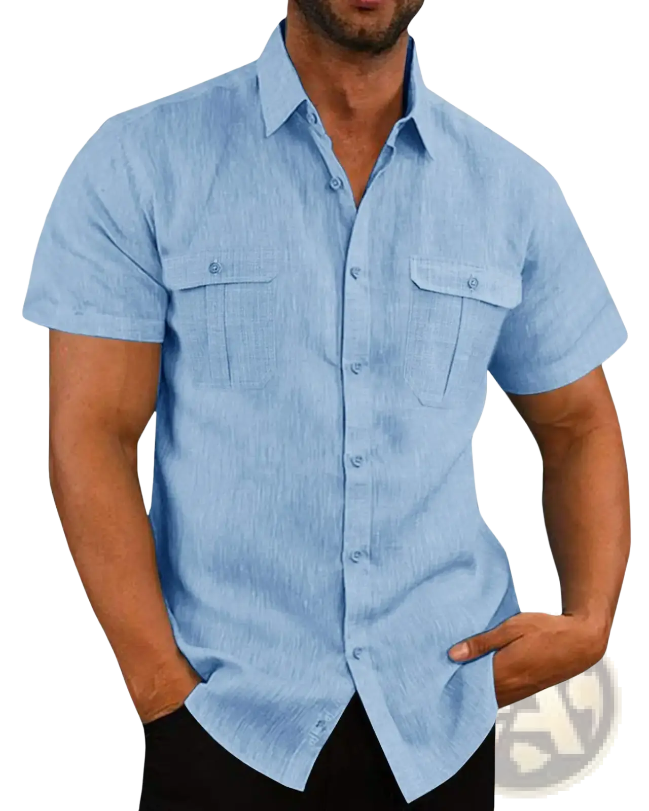 Men Linen Short Sleeve Shirt Double Pocket Casual Summer