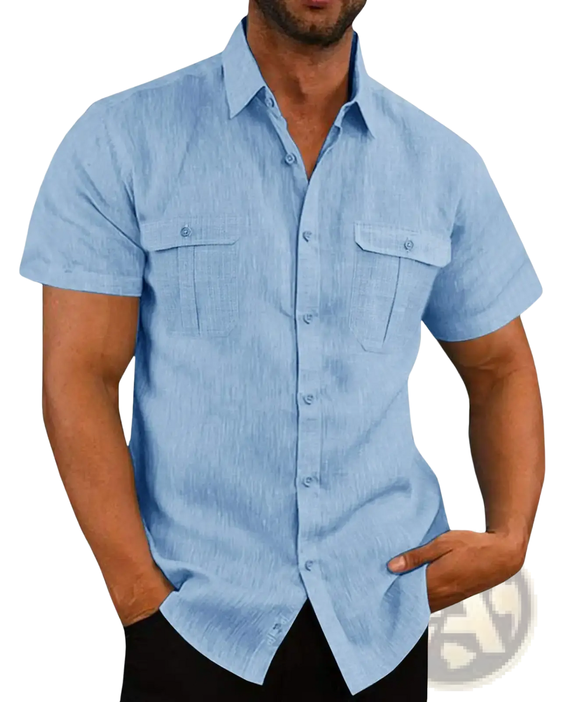 Men Linen Short Sleeve Shirt Double Pocket Casual Summer