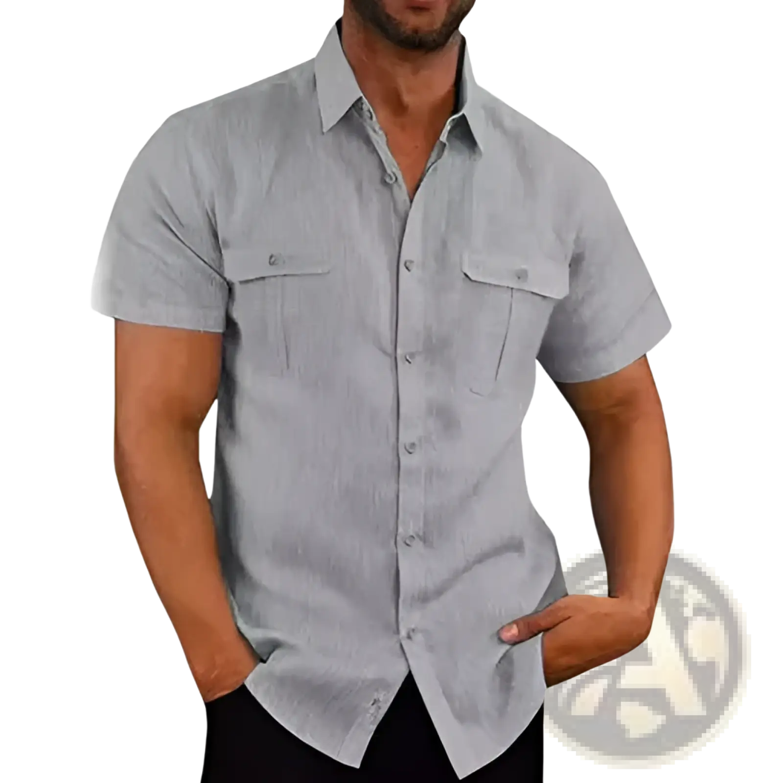 Men Linen Short Sleeve Shirt Double Pocket Casual Summer
