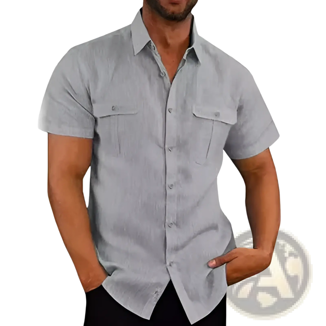 Men Linen Short Sleeve Shirt Double Pocket Casual Summer