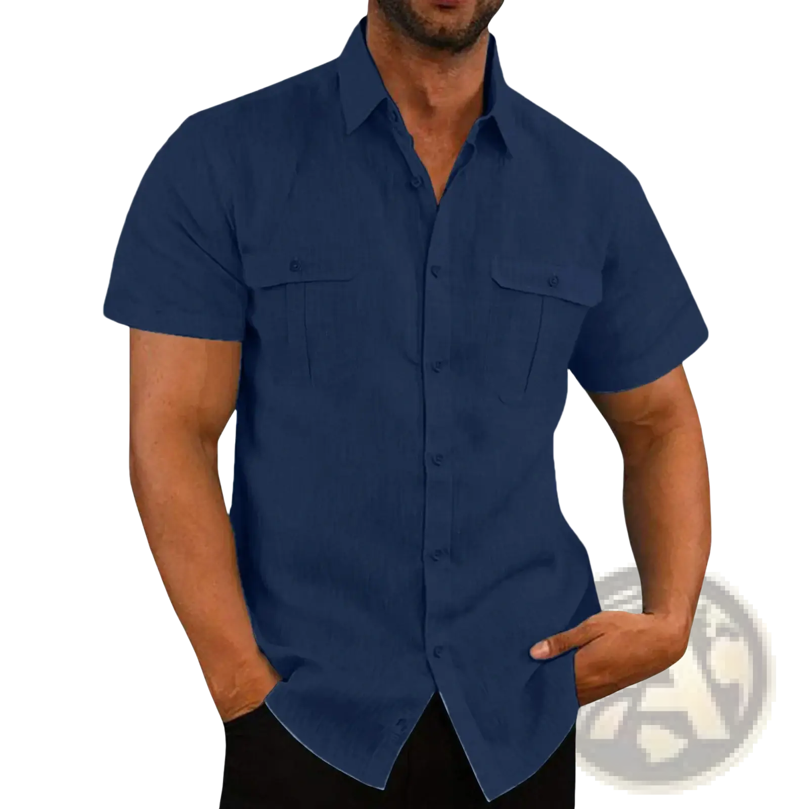 Men Linen Short Sleeve Shirt Double Pocket Casual Summer