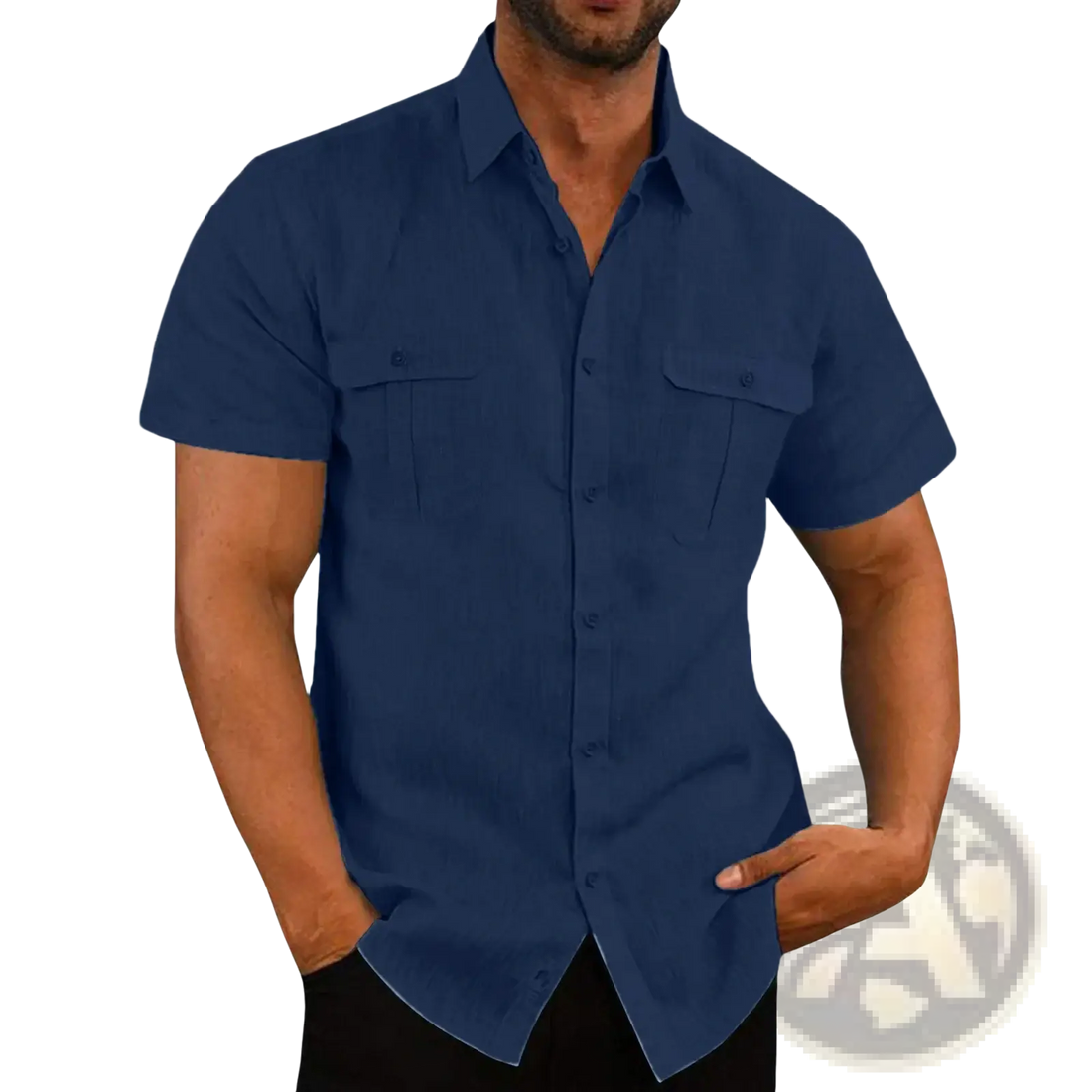 Men Linen Short Sleeve Shirt Double Pocket Casual Summer
