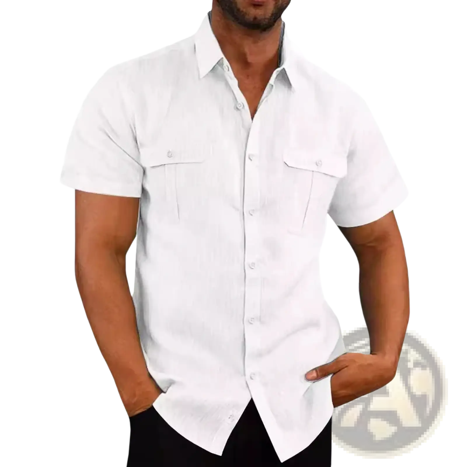 Men Linen Short Sleeve Shirt Double Pocket Casual Summer