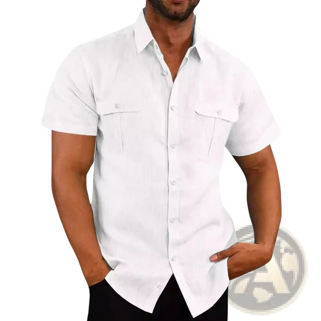 Men Linen Short Sleeve Shirt Double Pocket Casual Summer