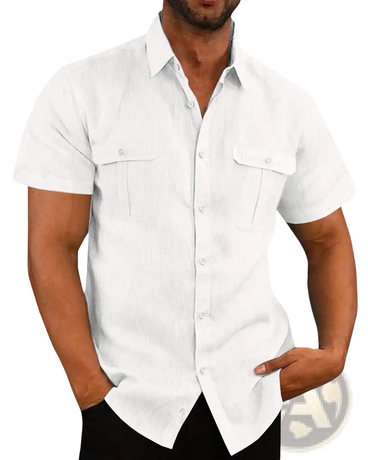 Men Linen Short Sleeve Shirt Double Pocket Casual Summer