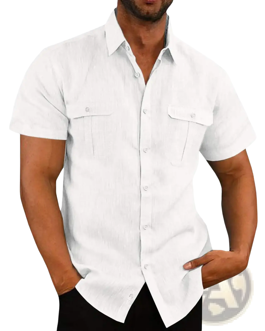 Men Linen Short Sleeve Shirt Double Pocket Casual Summer
