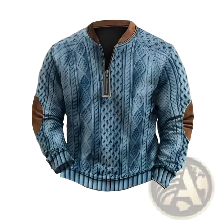 Men's Cable Knit Half Zip Sweater with Leather Accents