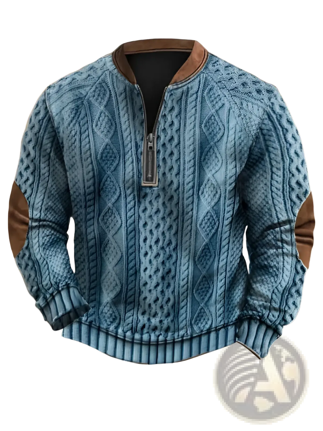 Men's Cable Knit Half Zip Sweater with Leather Accents
