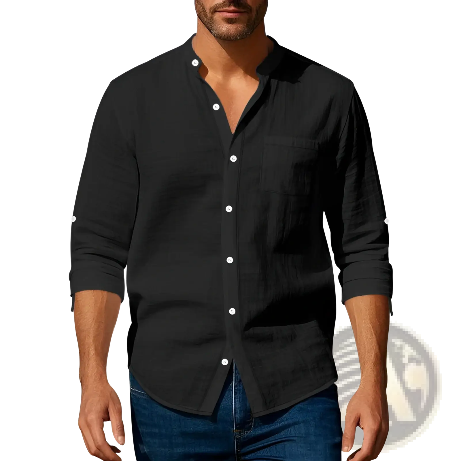 Men's Casual Linen Stand Collar Long Sleeve Shirt