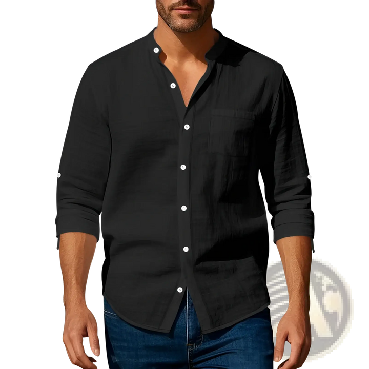 Men's Casual Linen Stand Collar Long Sleeve Shirt