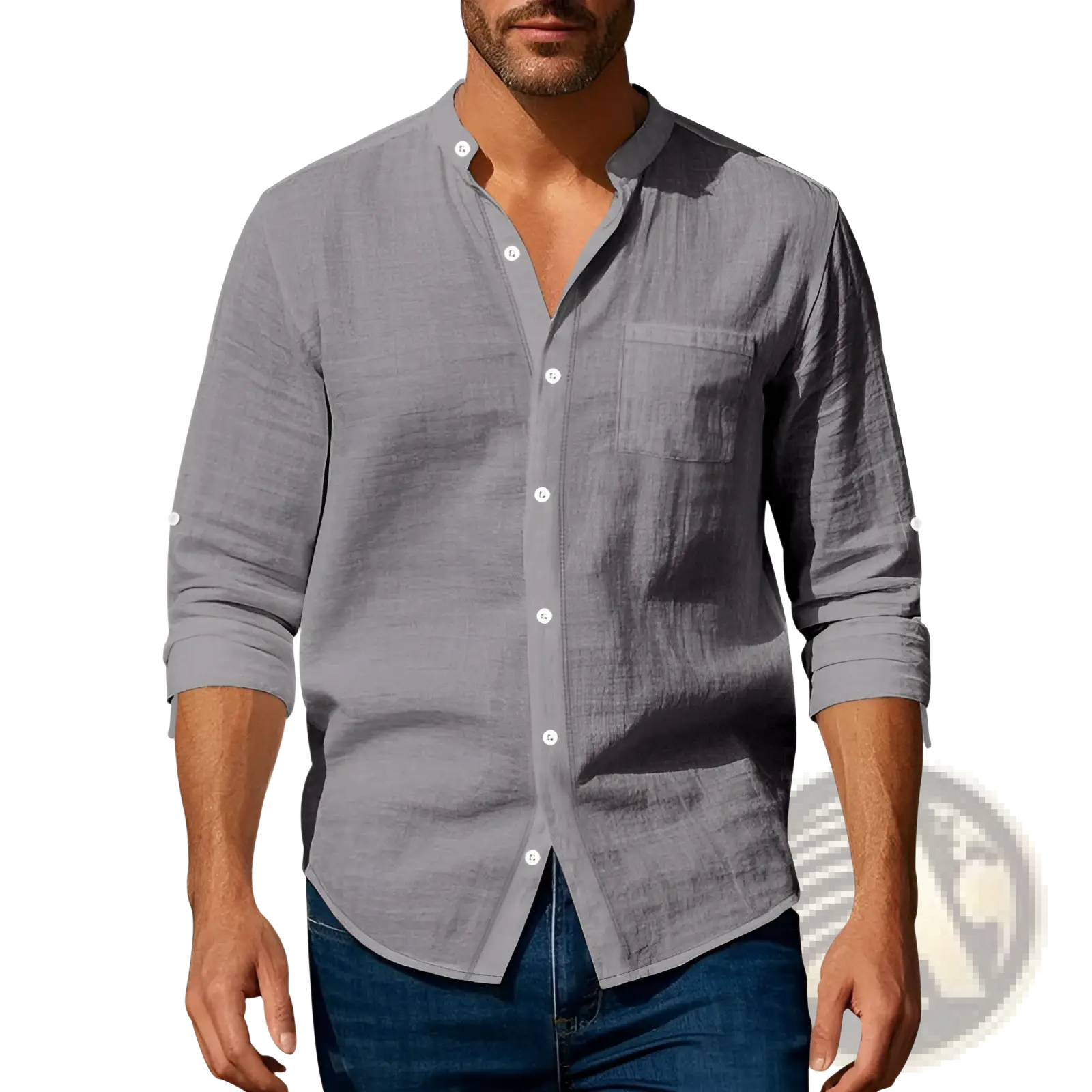 Men's Casual Linen Stand Collar Long Sleeve Shirt