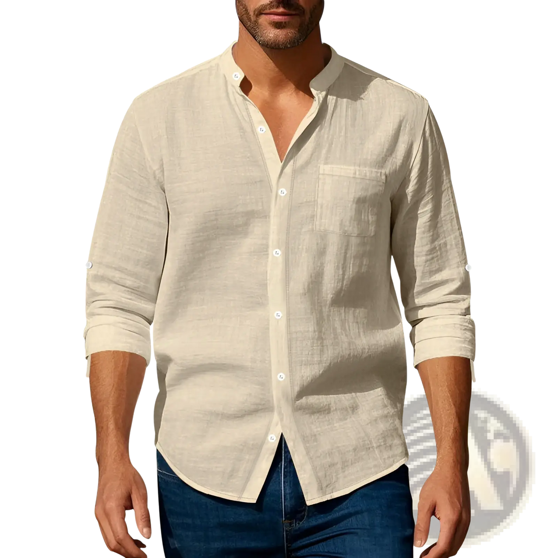 Men's Casual Linen Stand Collar Long Sleeve Shirt