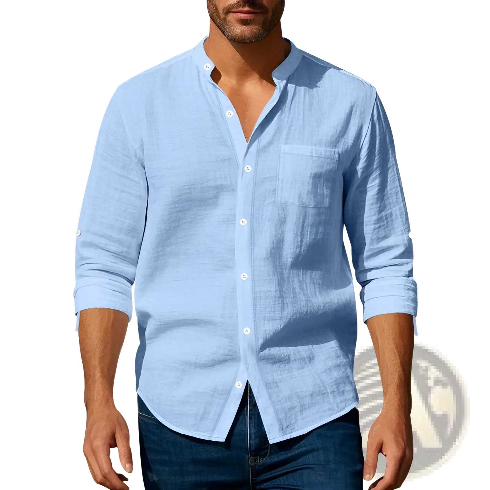 Men's Casual Linen Stand Collar Long Sleeve Shirt