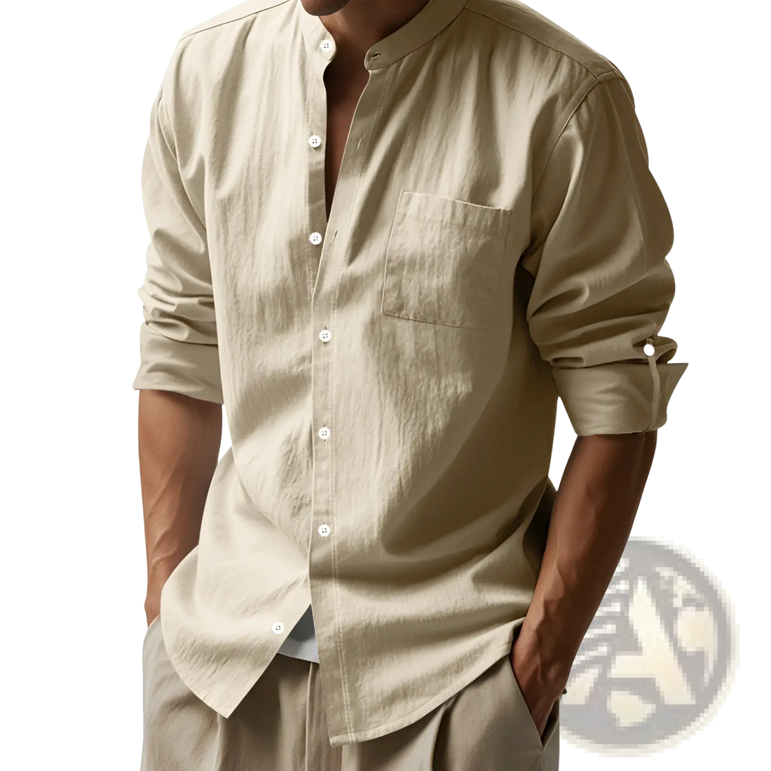 Men's Casual Linen Stand Collar Long Sleeve Shirt