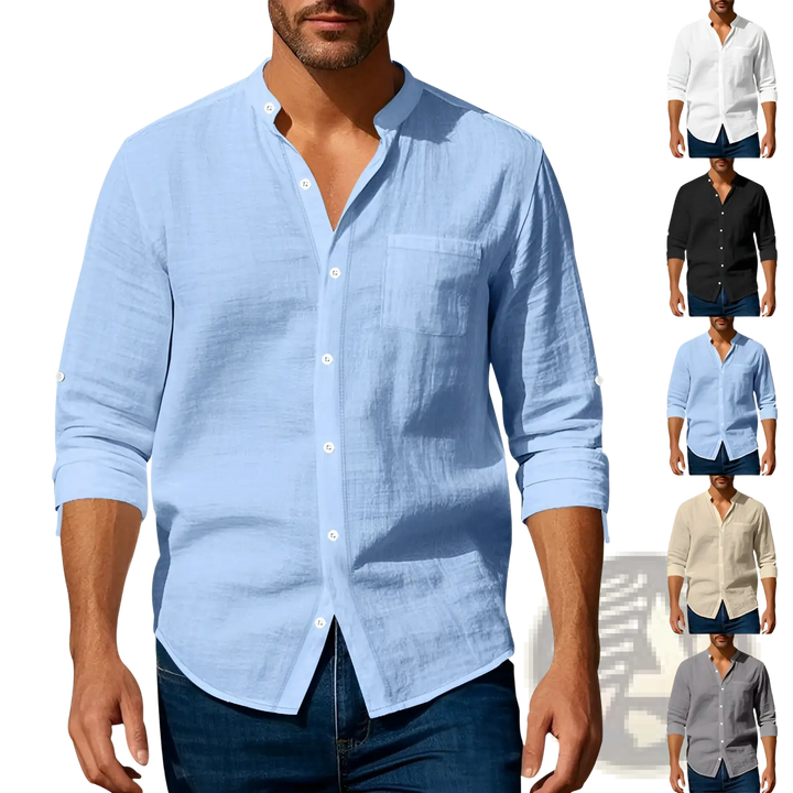 Men's Casual Linen Stand Collar Long Sleeve Shirt