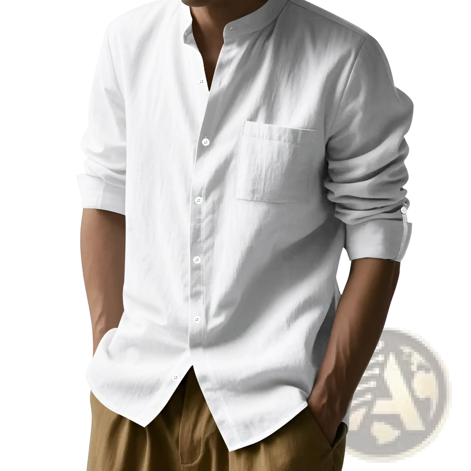 Men's Casual Linen Stand Collar Long Sleeve Shirt