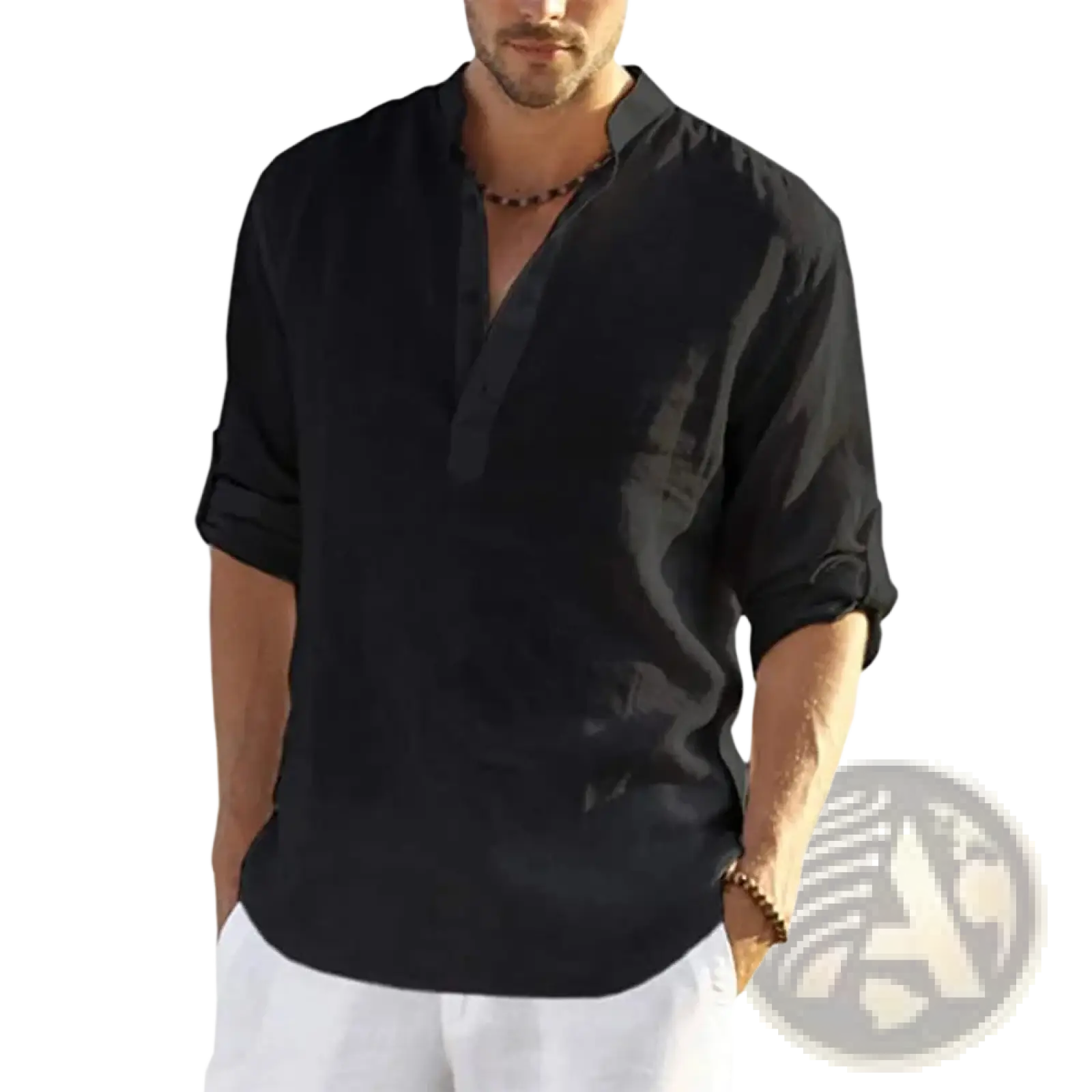 Men's Casual v Neck Rolled Sleeve Linen Pullover Shirt