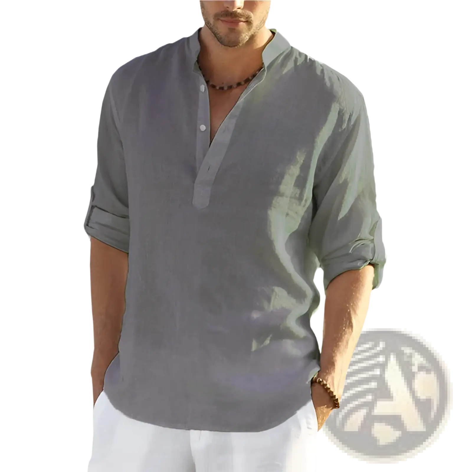 Men's Casual v Neck Rolled Sleeve Linen Pullover Shirt