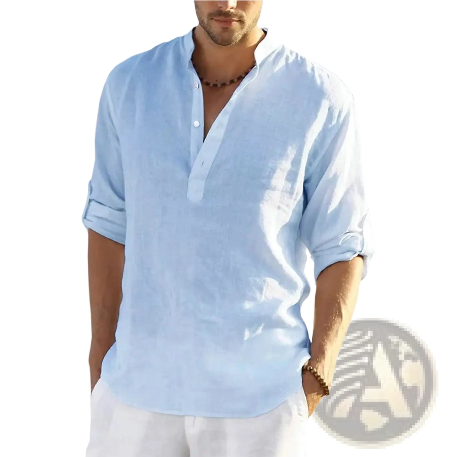 Men's Casual v Neck Rolled Sleeve Linen Pullover Shirt