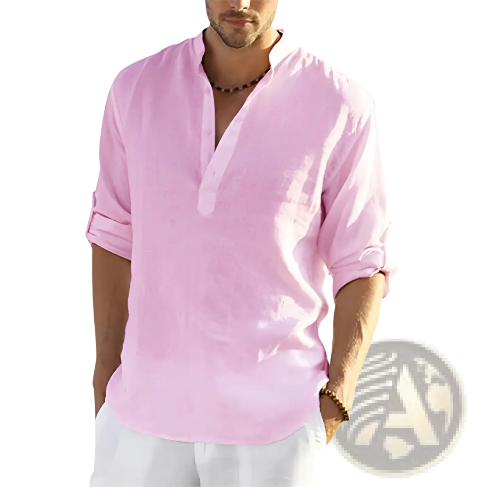 Men's Casual v Neck Rolled Sleeve Linen Pullover Shirt