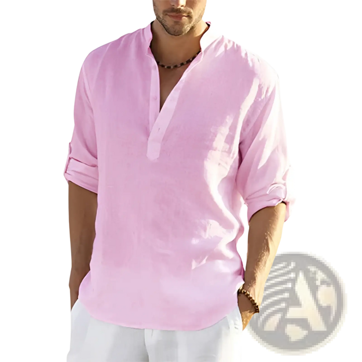 Men's Casual v Neck Rolled Sleeve Linen Pullover Shirt