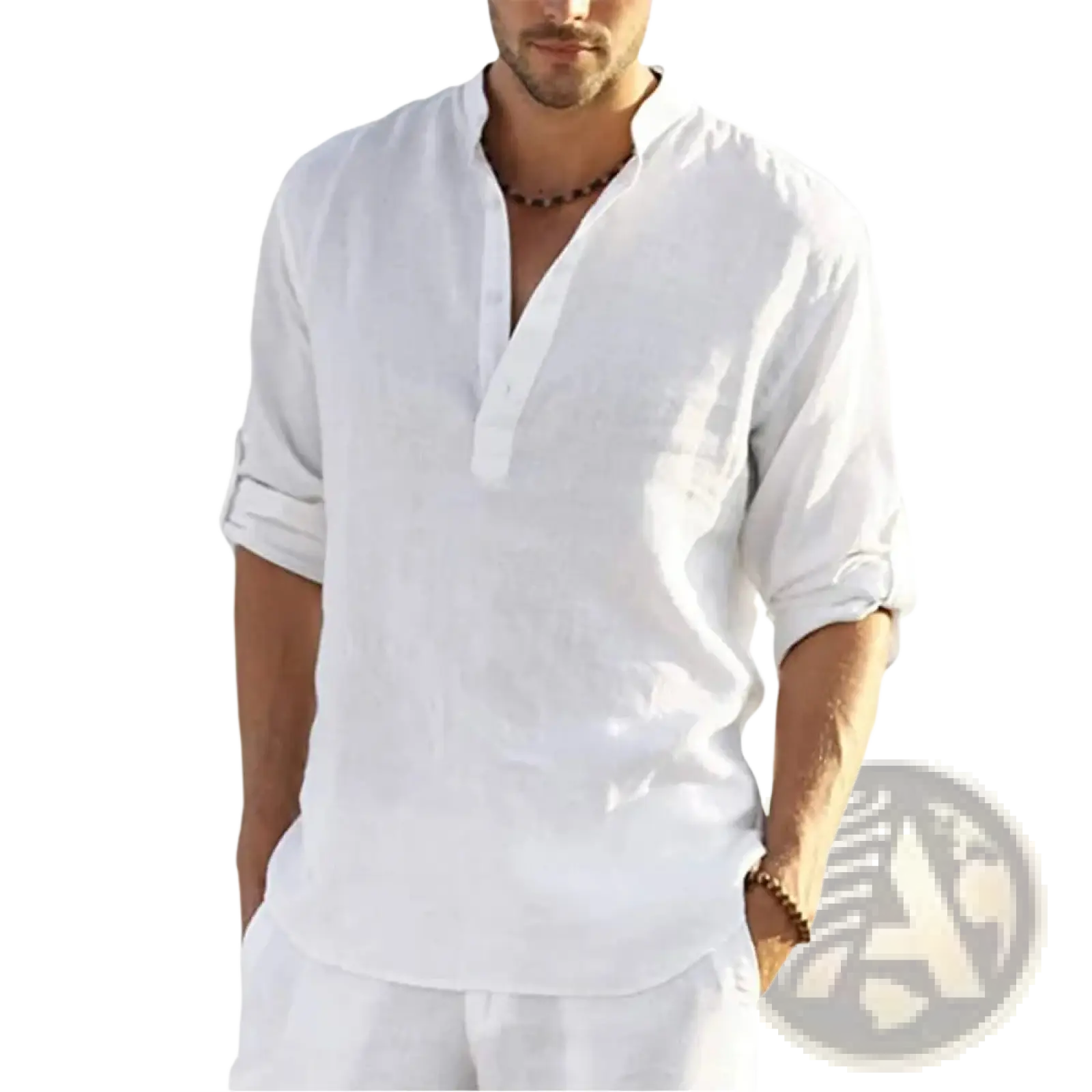 Men's Casual v Neck Rolled Sleeve Linen Pullover Shirt