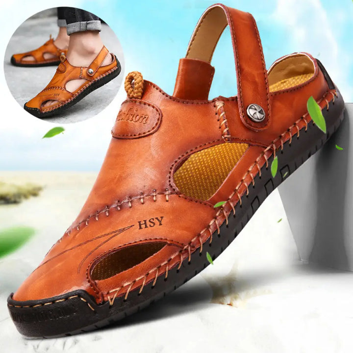 Men's Brown Woven Leather Closed Toe Beach Sandals